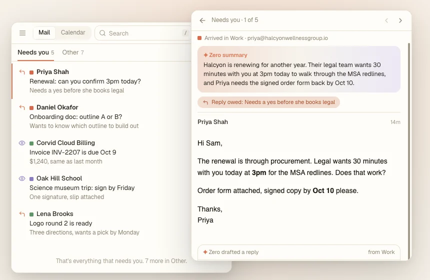 MorningZero showing a Needs you list next to an open message with a summary and a drafted reply